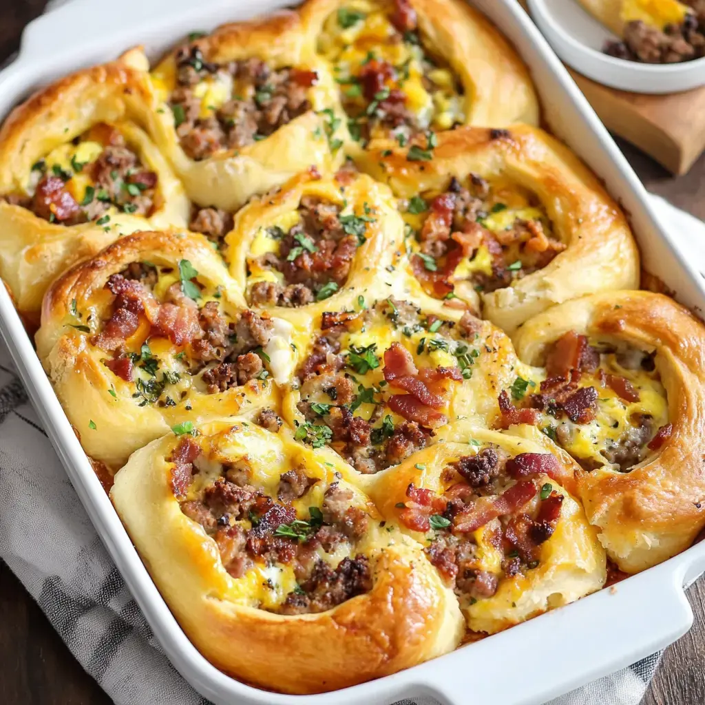 Golden rolls stuffed with bacon, sausage, cheese, and topped with fresh green herbs in a white dish.
