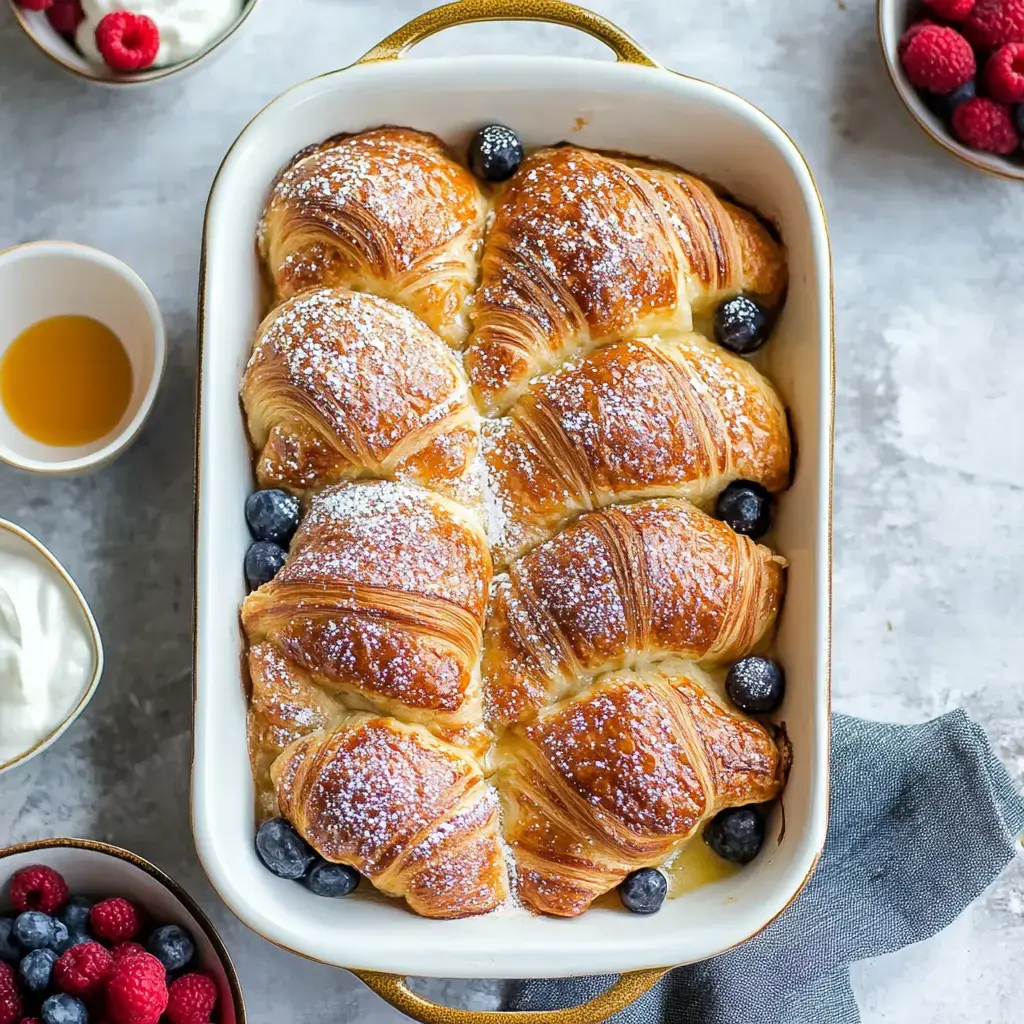 Powdered croissant bake with blueberries, surrounded by raspberries, yogurt, and syrup bowls.