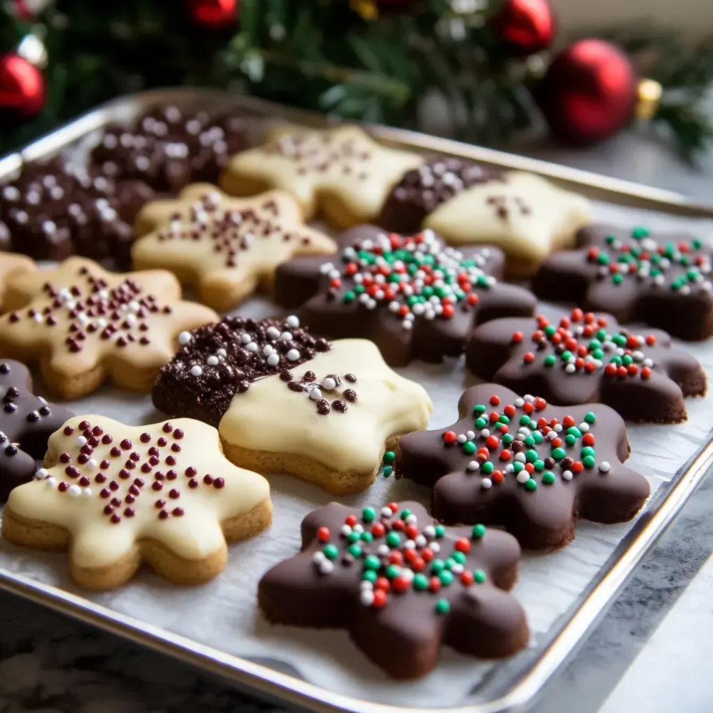 An assortment of festive cookies beautifully decorated with sprinkles and candy coatings, all set on a cheerful holiday table.