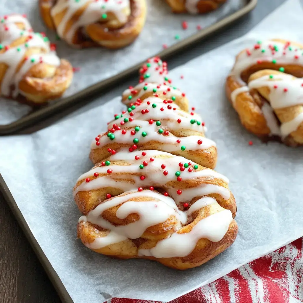 Cinnamon rolls styled as a Christmas tree, drizzled with icing and festive sprinkles in red and green.