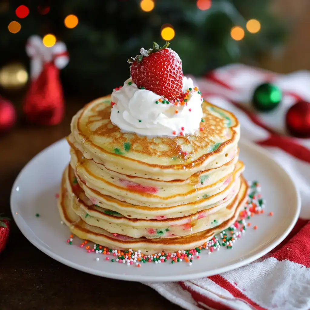 Stacked pancakes with whipped cream and a strawberry, on a plate sprinkled with colorful decorations, against a holiday-themed background.