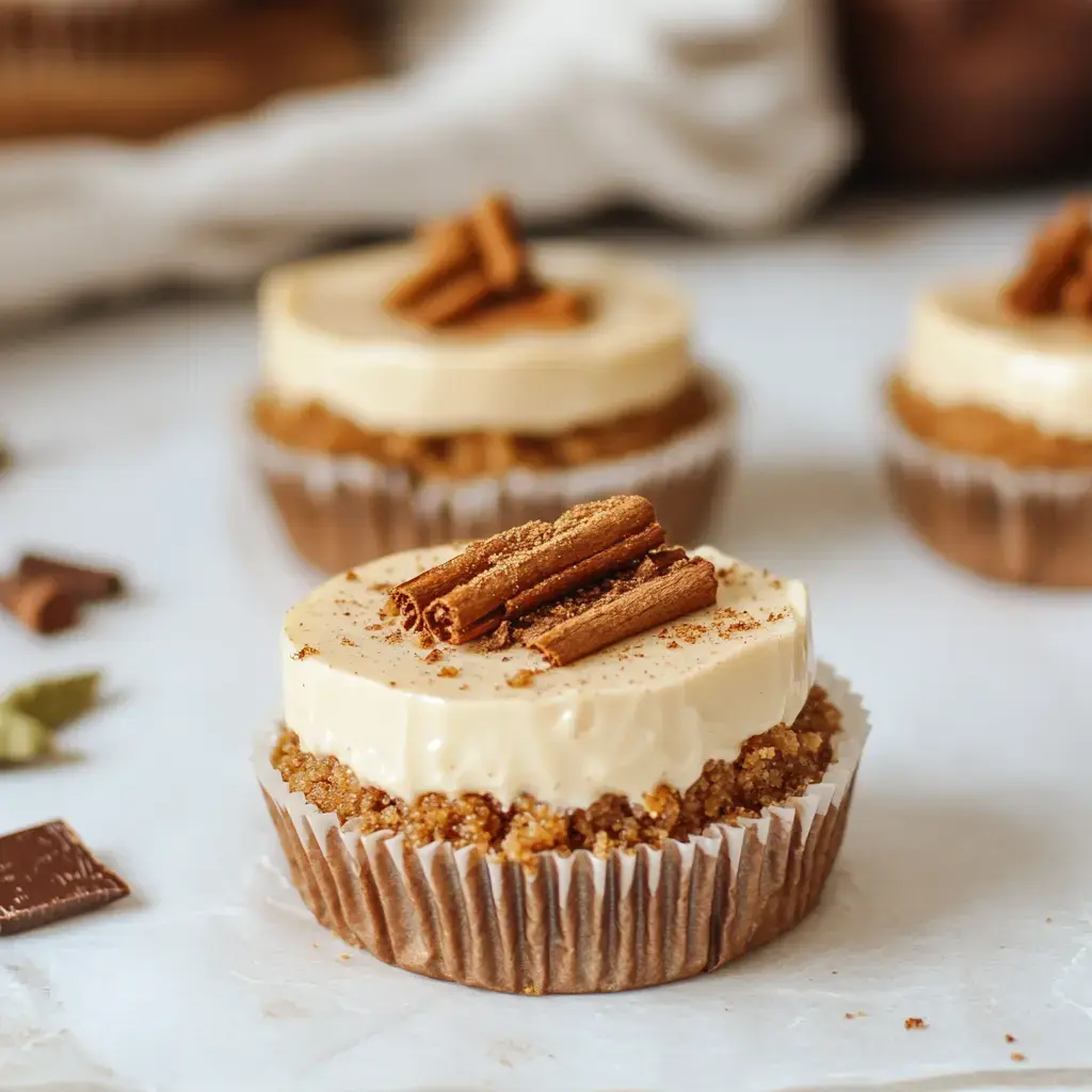 Three desserts with layers of creamy beige filling and crumbly brown base, garnished with cinnamon sticks on a bright white background.