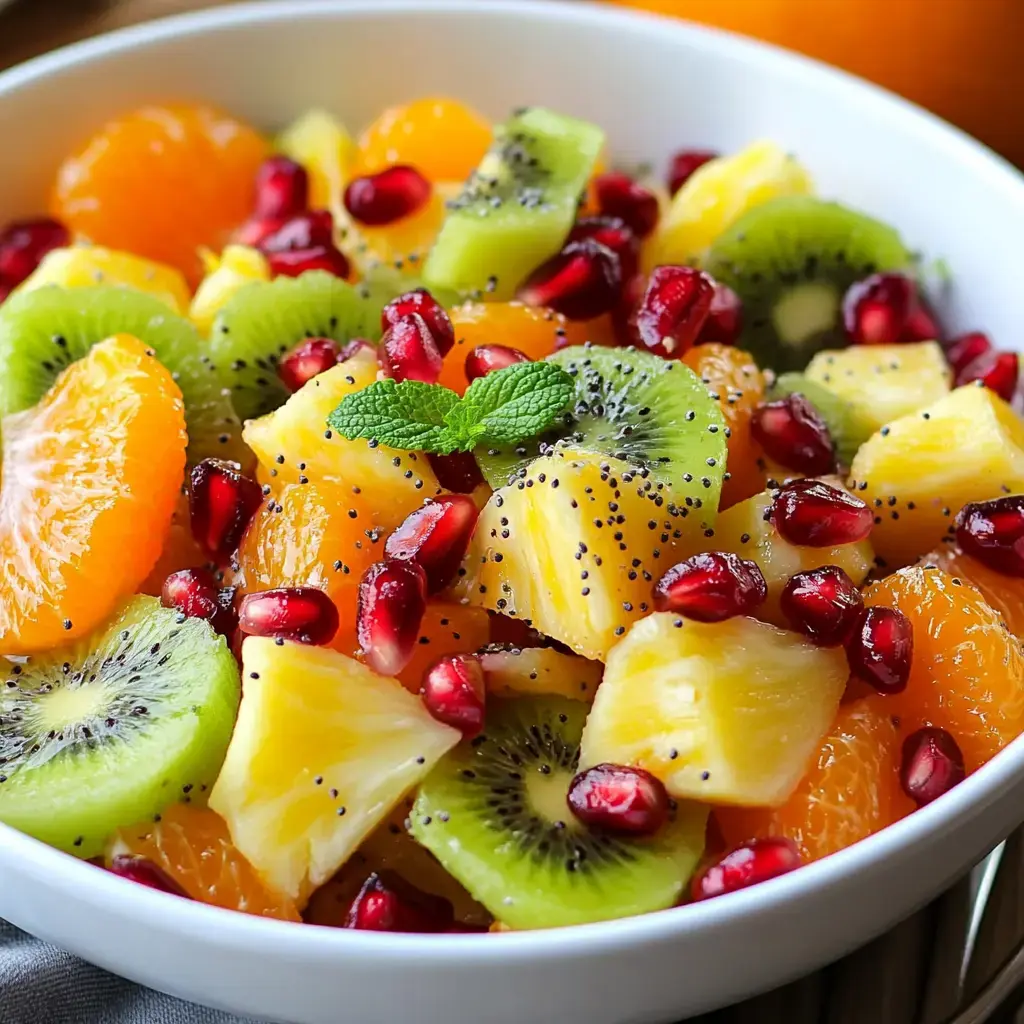 A colorful fruit dish with pineapple, kiwi, oranges, and pomegranate seeds. A sprig of mint sits on top.
