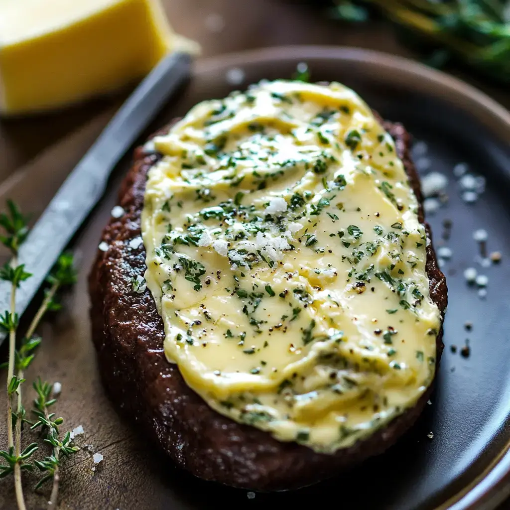 Cooked steak drizzled with herb butter, paired with a pat of butter, salt, and pepper.