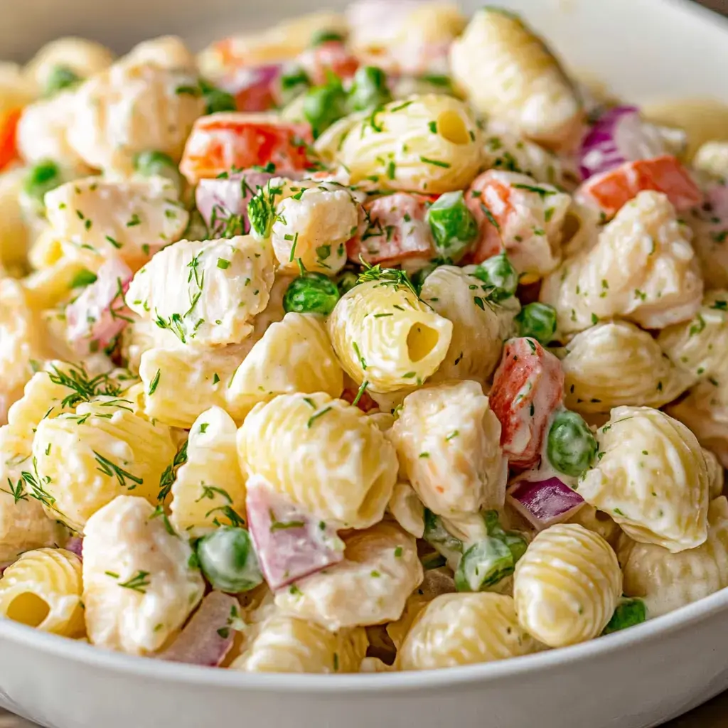 Creamy pasta with shell noodles, veggies, and fresh herbs up close.