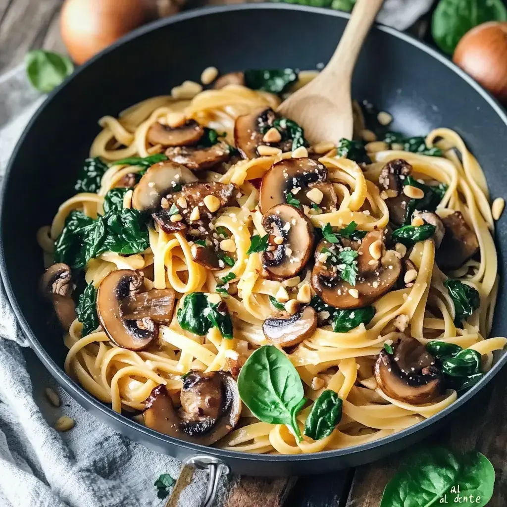 Pot filled with linguine pasta topped with sautéed mushrooms, wilted spinach, and pine nuts. Wooden spoon on the side.
