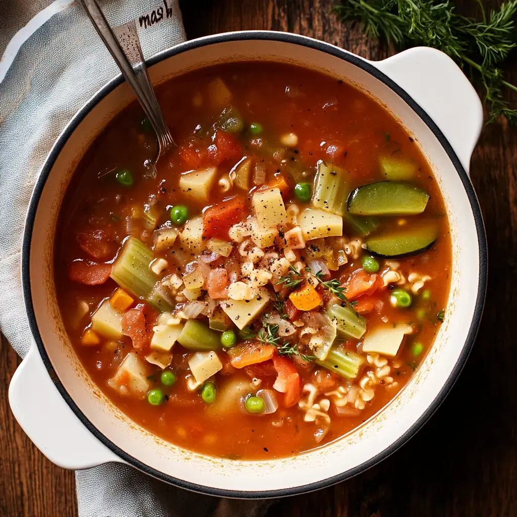 A bowl of rich vegetable soup with pasta, diced veggies, and herbs sitting on a wooden table.