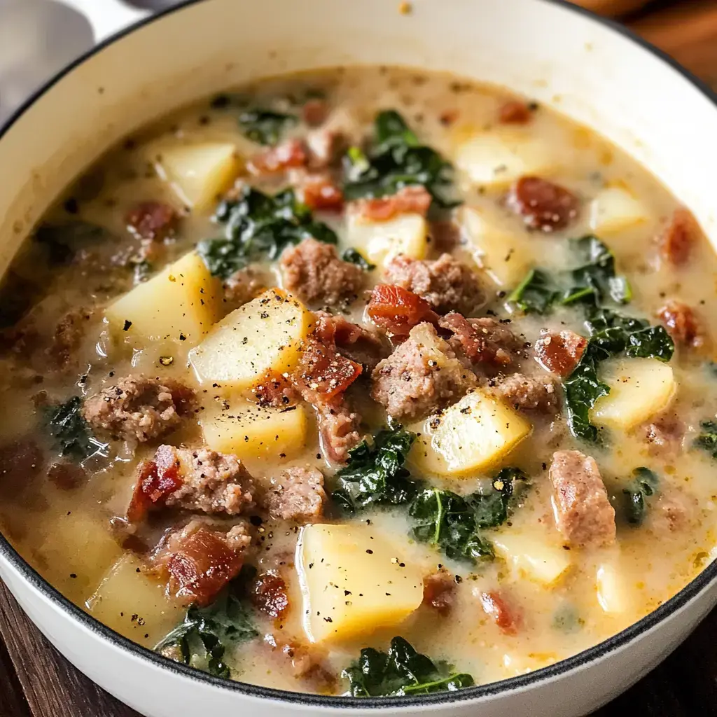 A hearty, creamy soup with bits of sausage, tender potatoes, kale, and crispy bacon on top.