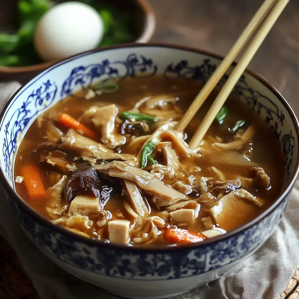 A hearty bowl loaded with noodles, chicken, mushrooms, and veggies, paired with a sliced boiled egg.