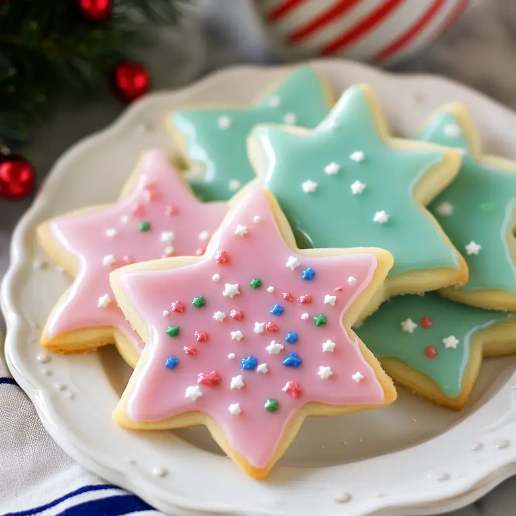 A plate of star-shaped cookies with colorful icing details and sprinkles in pink and green shades.