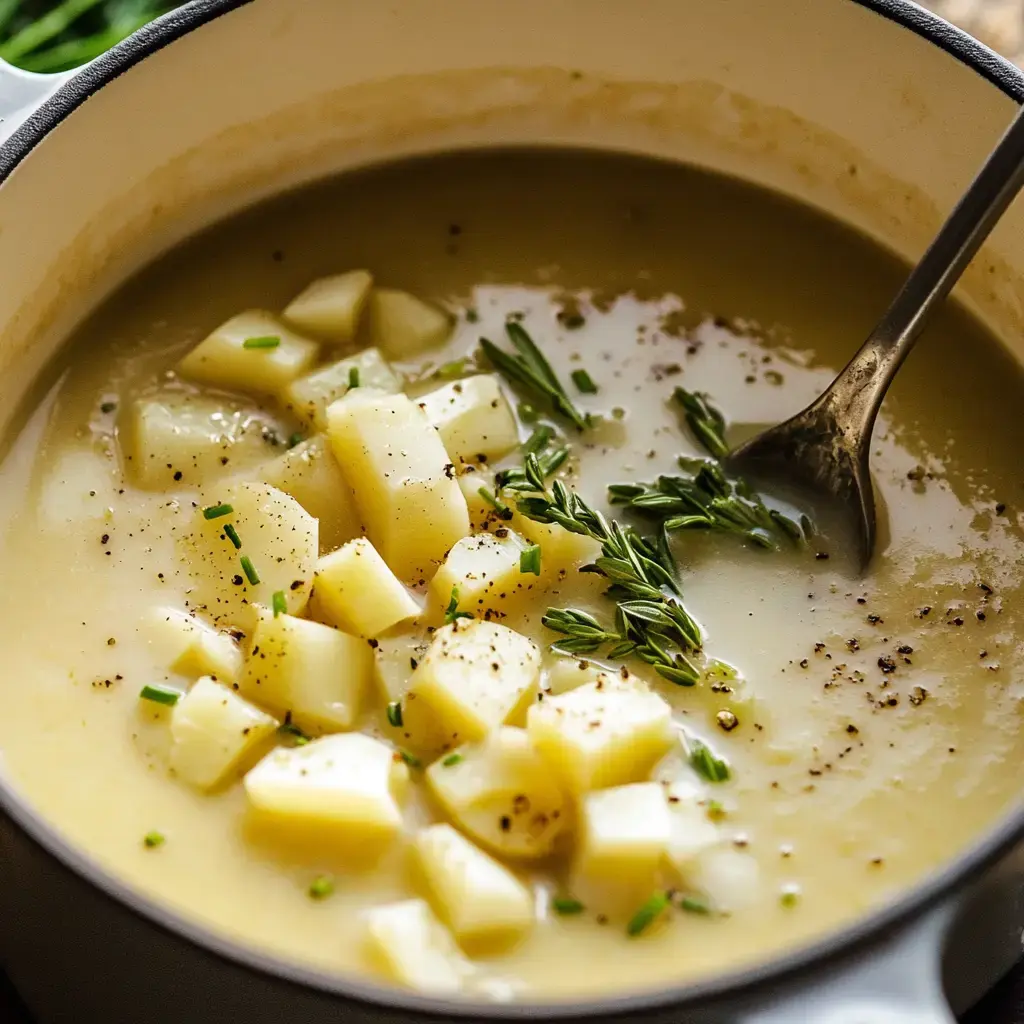 A smooth soup with chunks of potato and green herbs sits in a pot with black pepper on top.