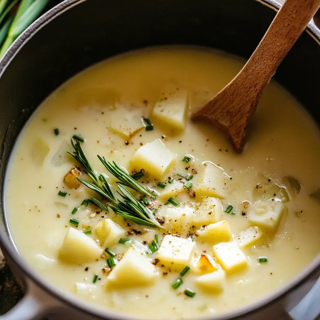 A thick potato soup bubbles in a cooking pot with herbs and black pepper scattered on top.