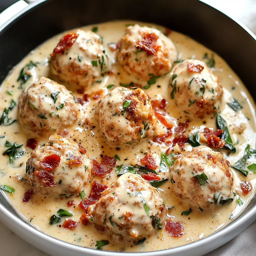 Baked Chicken Meatballs in Creamy Alfredo Sauce with Spinach