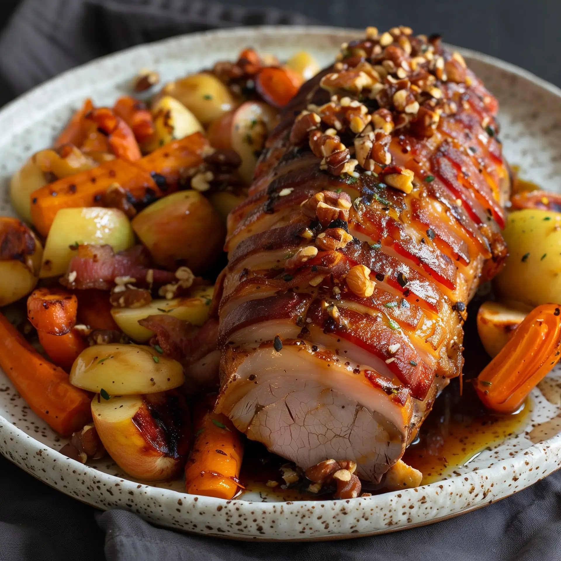 A plate of roasted pork with nuts, served with roasted carrots and potatoes.