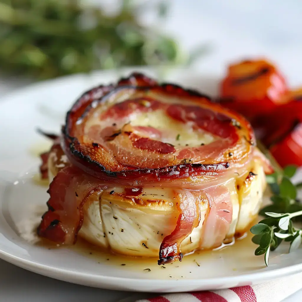 A baked cheese wrapped in crispy bacon, served with roasted peppers and fresh herbs.