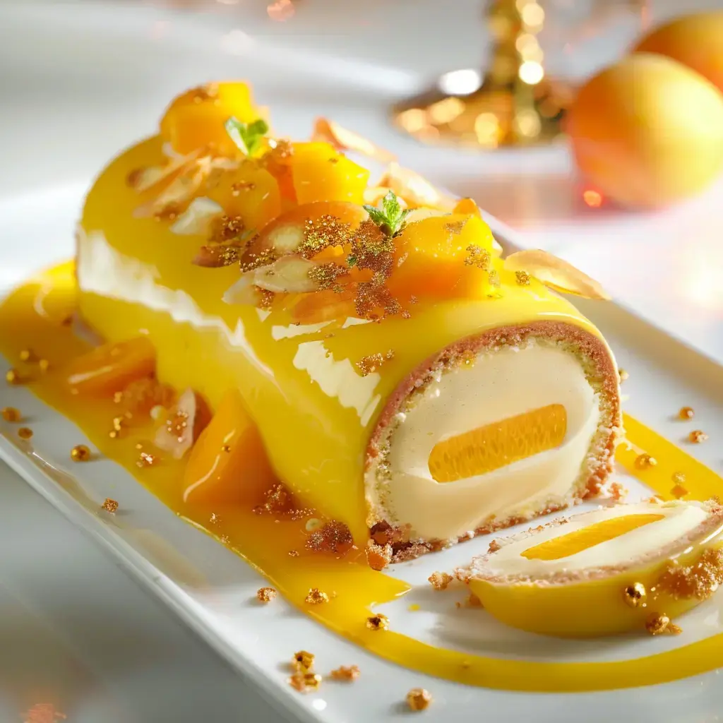 Frozen dessert filled with mango, almonds, and mango sauce, elegantly displayed on a platter.