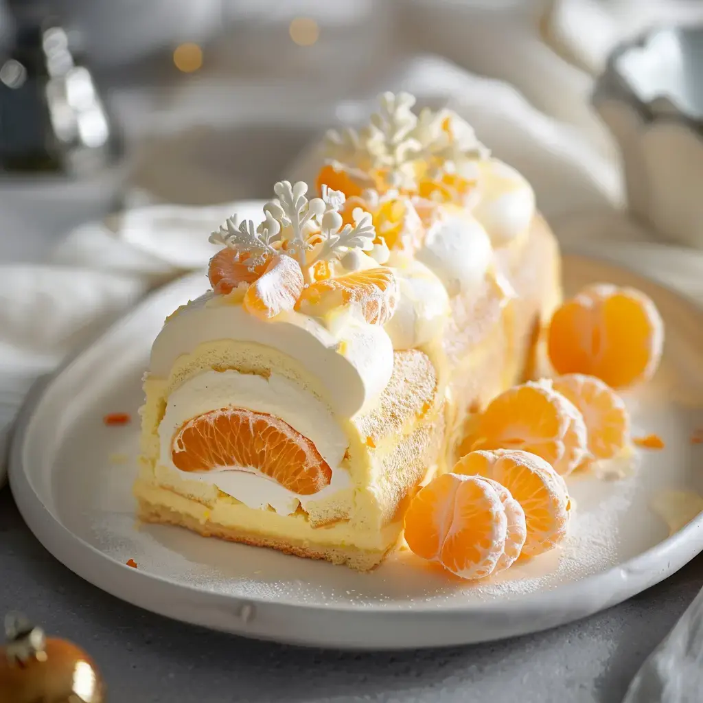 Holiday roll with creamy filling, citrus flavors, and sugar snowflake decorations alongside orange slices.
