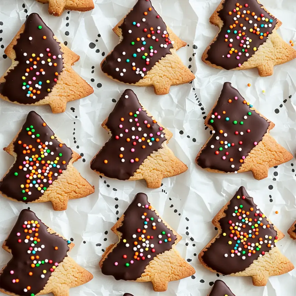 Tree-shaped cookies with dark chocolate drizzle and colorful sprinkles.