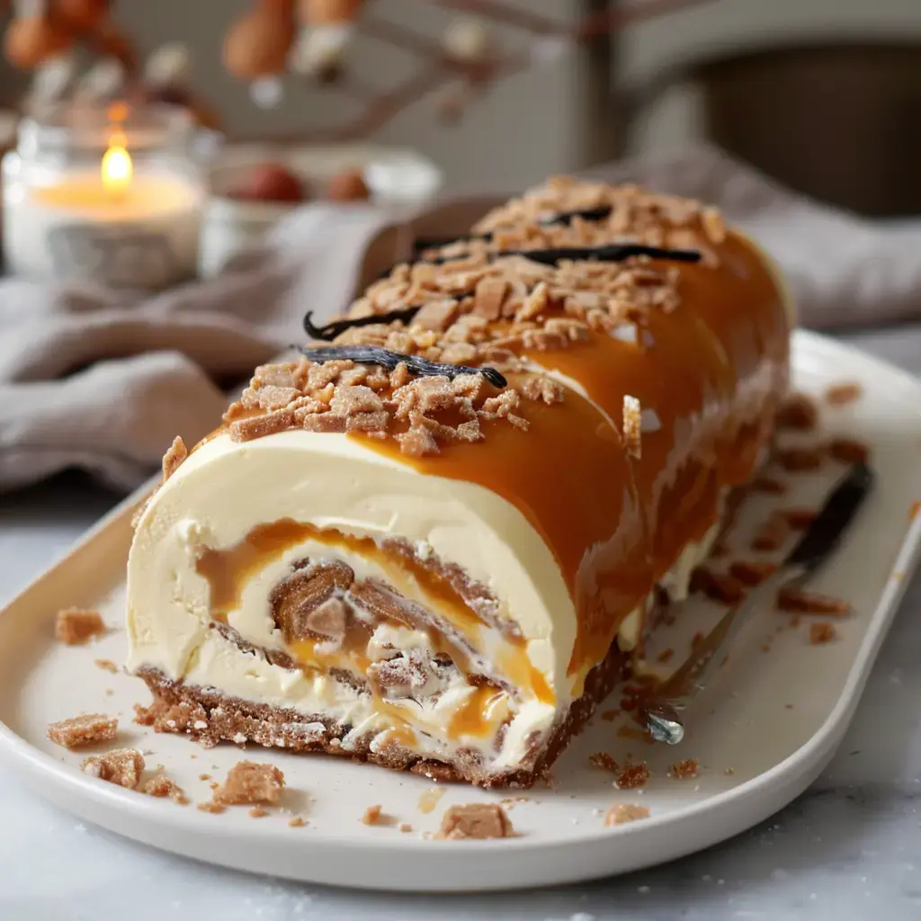 A creamy vanilla roll topped with caramel and biscuit crumbs, displayed on a plate.