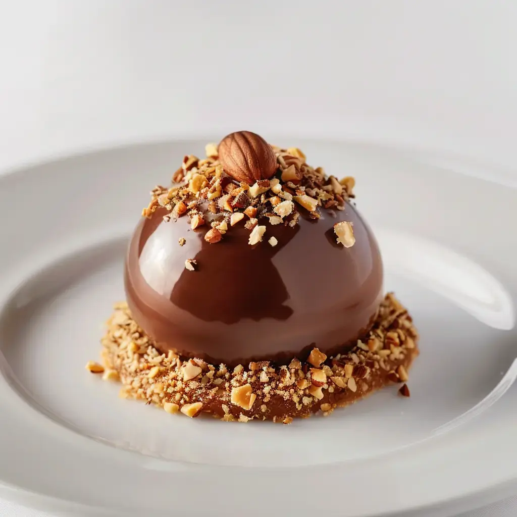 Chocolate dome dessert with nut pieces on a crunchy base.