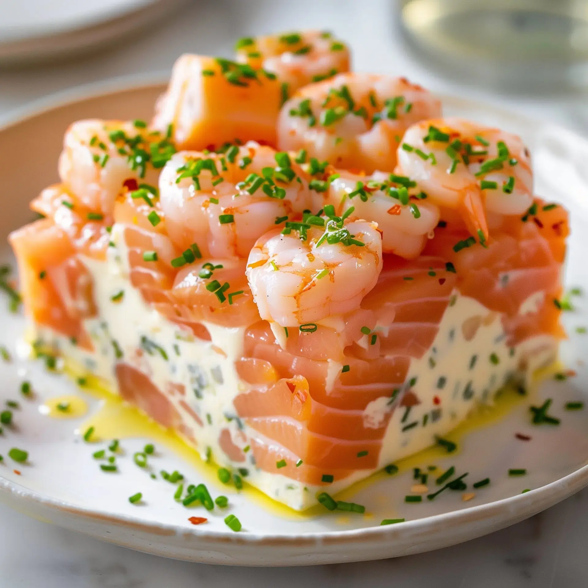 A piece of salmon loaf garnished with shrimp and chives on a plate.