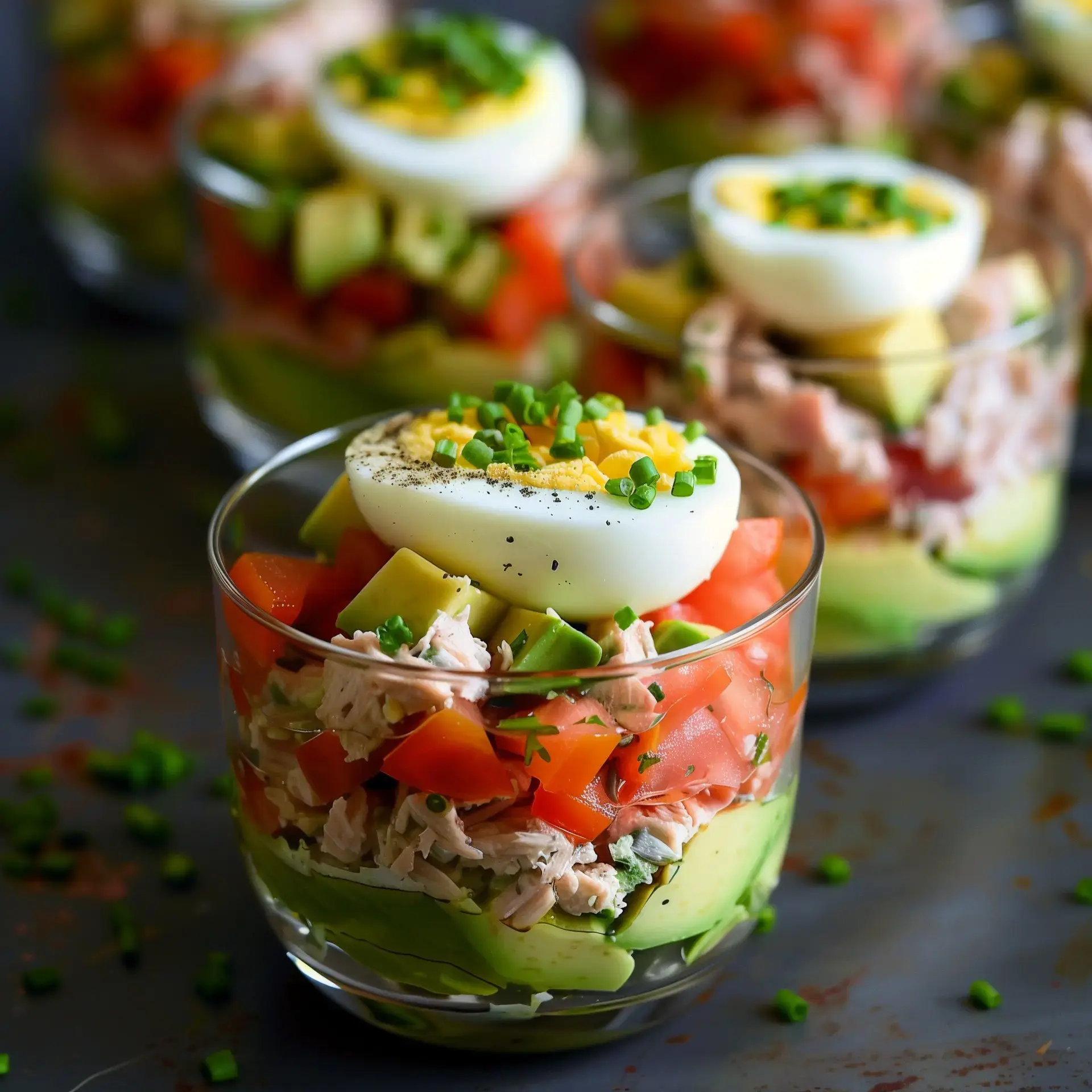 Colorful cups filled with tomatoes, avocado, tuna, and a slice of boiled egg on top, sprinkled with chives.