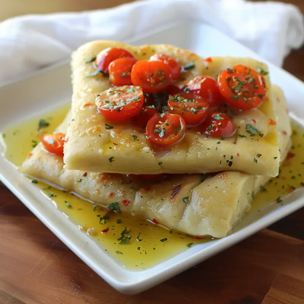 Flatbread topped with cherry tomatoes and herbs, on a plate with olive oil.