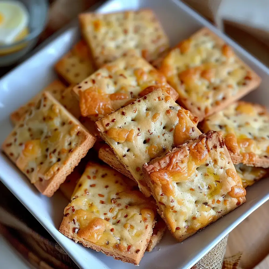 Golden square biscuits topped with cheese and seeds, served in a white dish.