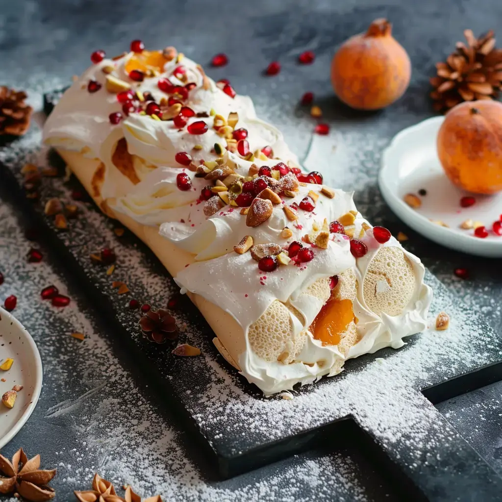 Rolled cake with cream, topped with fruits and pistachios, garnished with pomegranate seeds on a dark plate.