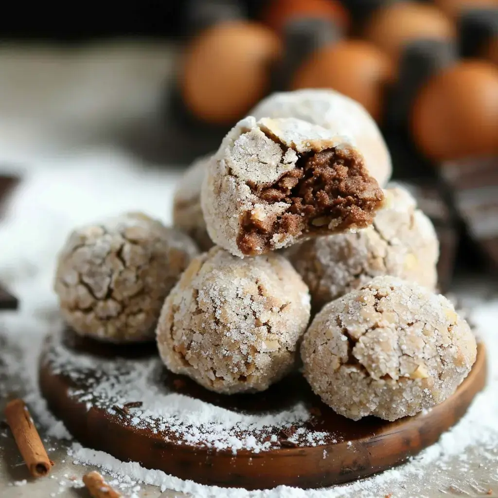 Sugared cookie balls stacked on a wooden plate, with a bite revealing the chocolate filling inside.