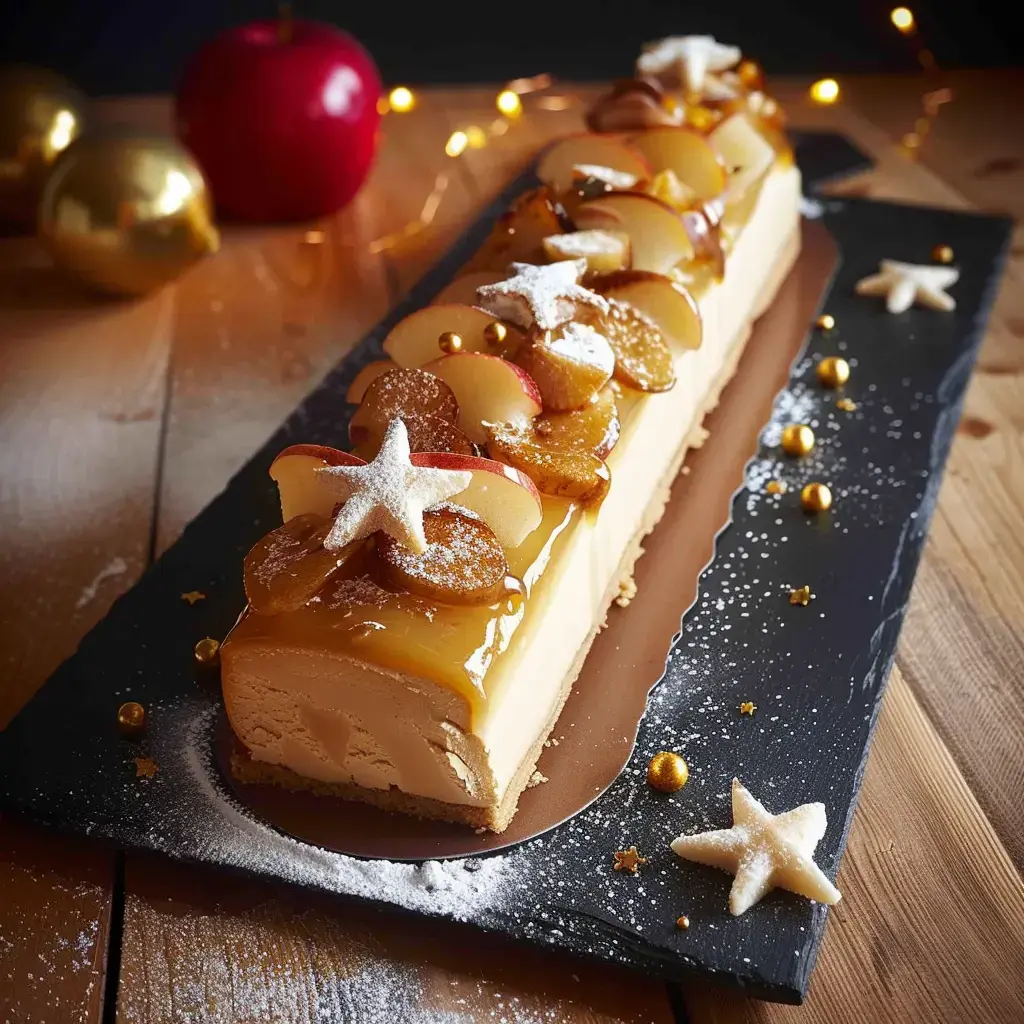 A stunning holiday dessert log topped with apple slices, caramel, and small stars, set on a black plate with golden decorations in the background.