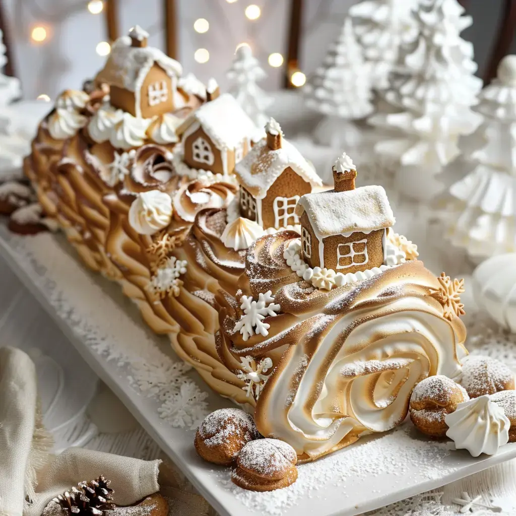 A festive log cake decorated with gingerbread houses, powdered snow, and delicate treats.