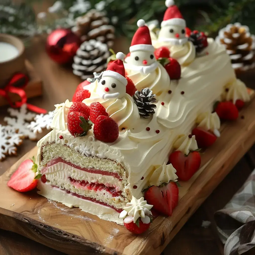 A festive log cake topped with snowy designs, sugar snowmen, fresh strawberries, and pinecones on a wooden platter.