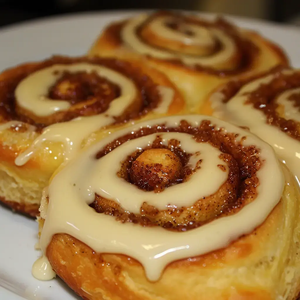 Soft cinnamon rolls covered in creamy glaze on a plate.