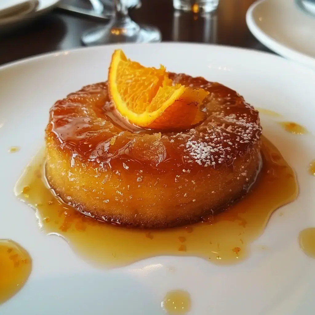 A light, fluffy orange cake topped with caramel and a slice of orange, served on a white plate.