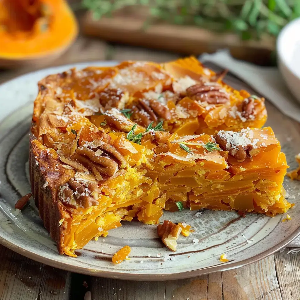 A squash-based cake topped with pecans and cheesy goodness on a plate.