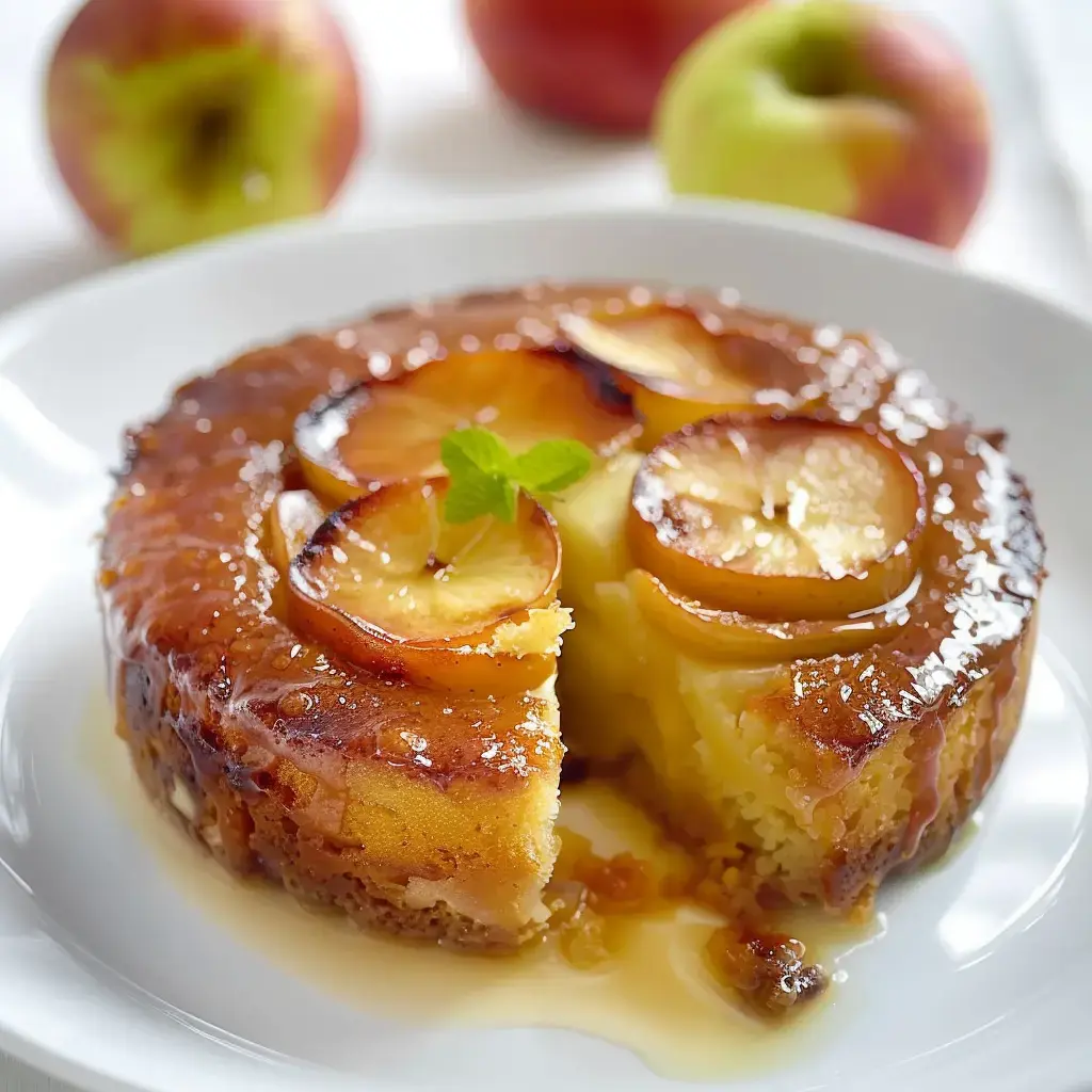 A caramelized apple cake with sliced apples on top, served on a white plate, with fresh apples in the background.