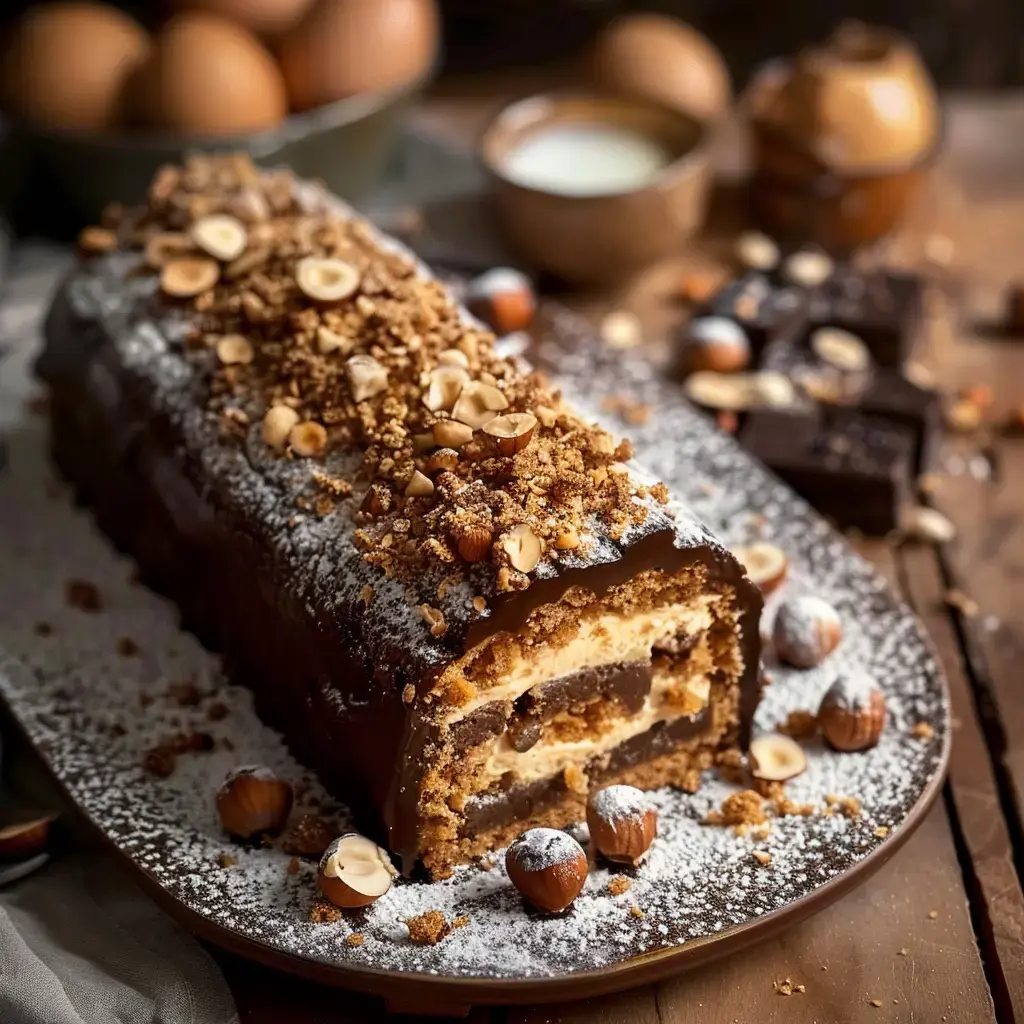 A chocolate roll cake filled with cream and topped with hazelnuts and crunchy crumbs.