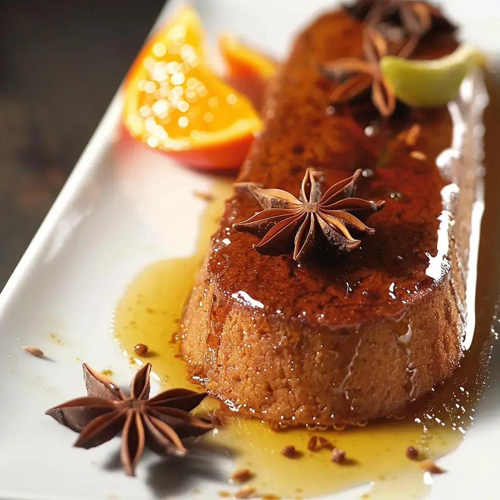 A bread-shaped dessert drizzled with honey, decorated with star anise, and served with slices of orange and lime.