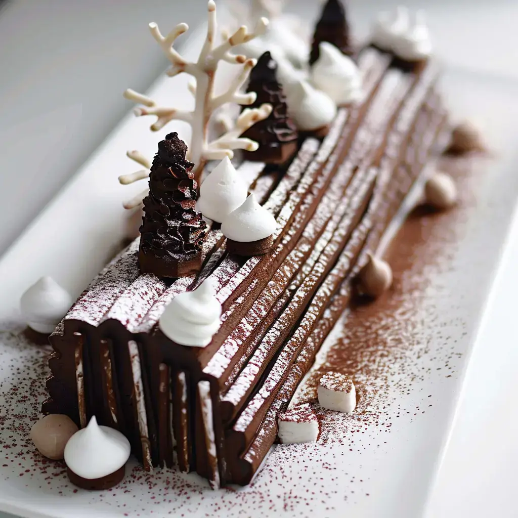 A chocolate dessert garnished with small trees, meringues, and powdered sugar.