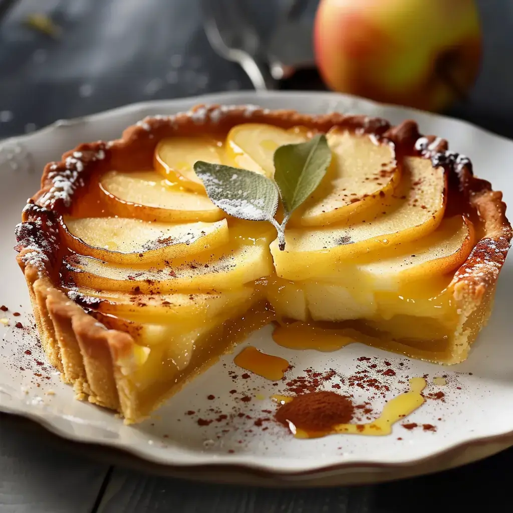 A golden apple pie with caramelized apple slices and a hint of cinnamon on a plate.