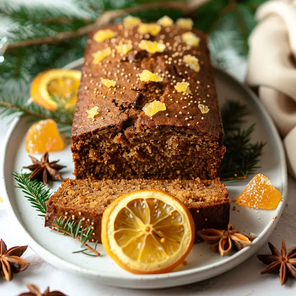 A spice cake topped with orange pieces and sugar, served with orange slices and star anise.