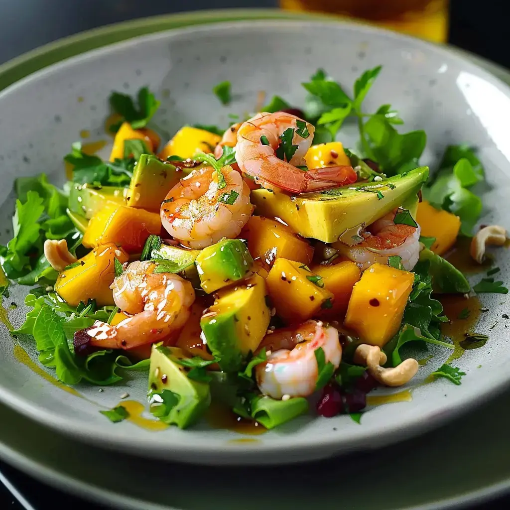 A colorful plate of salad featuring shrimp, mango, avocado, and fresh herbs on greens, with a citrusy dressing.