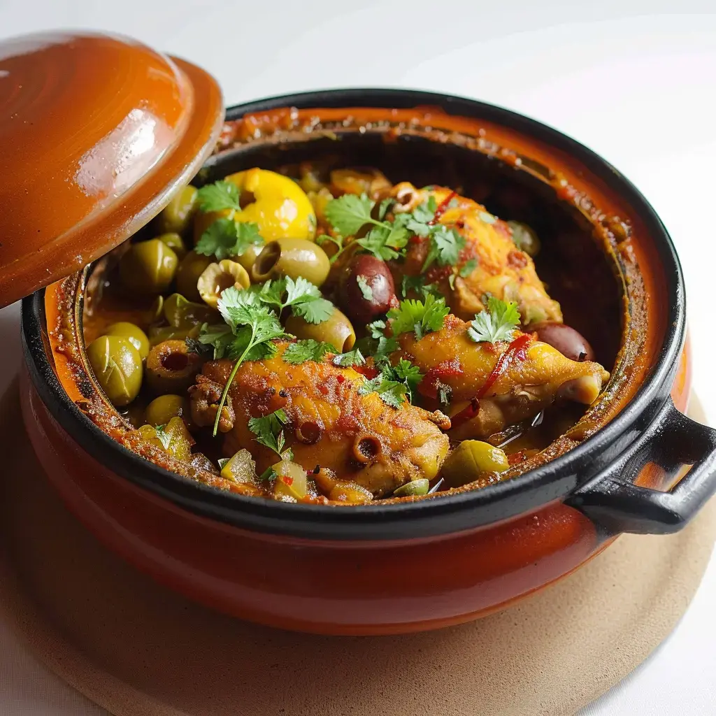 A tagine dish featuring chicken, olives, and fresh herbs in a traditional earthenware dish.