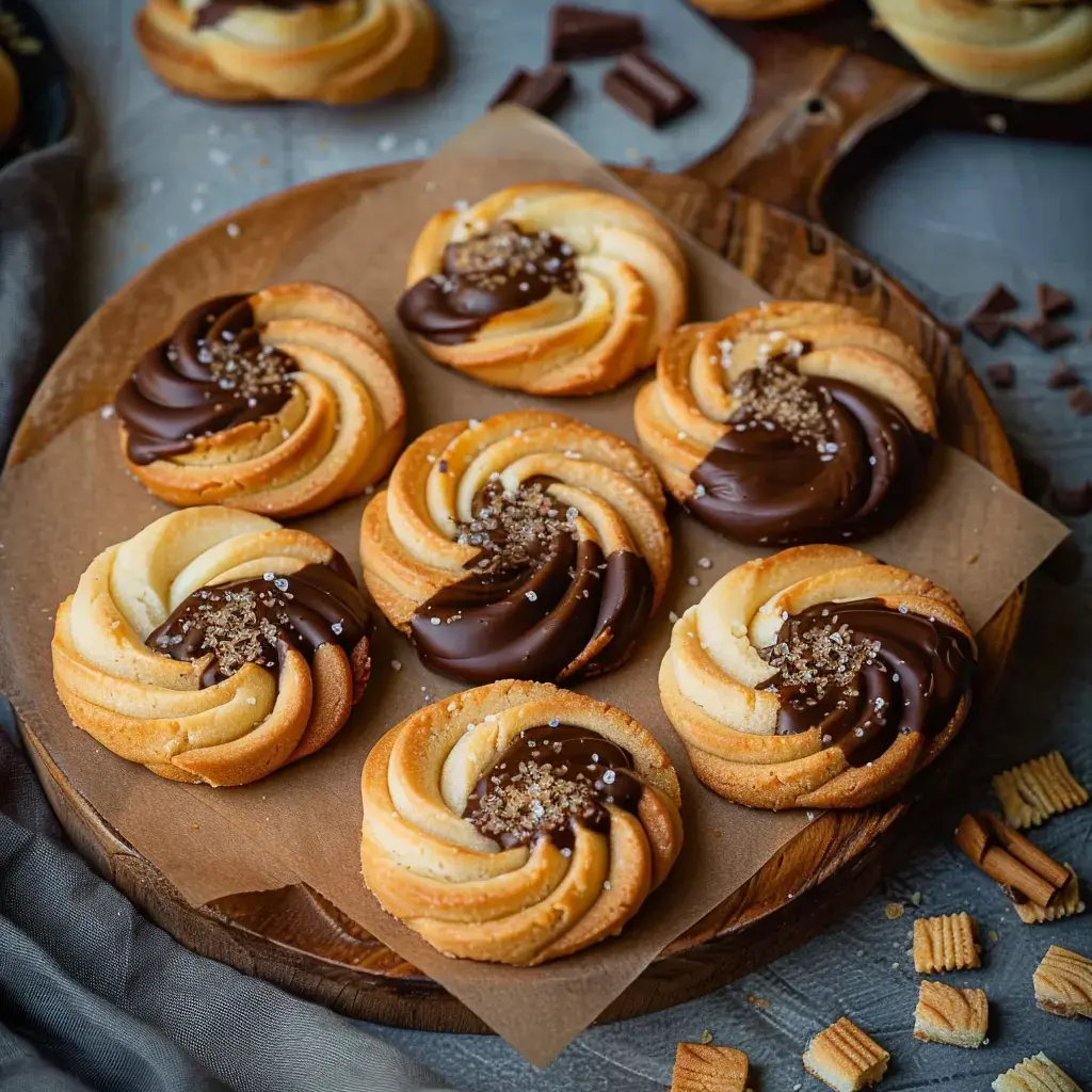 Swirled biscuits dipped in dark chocolate, topped with sugar crystals, served on a wooden board.