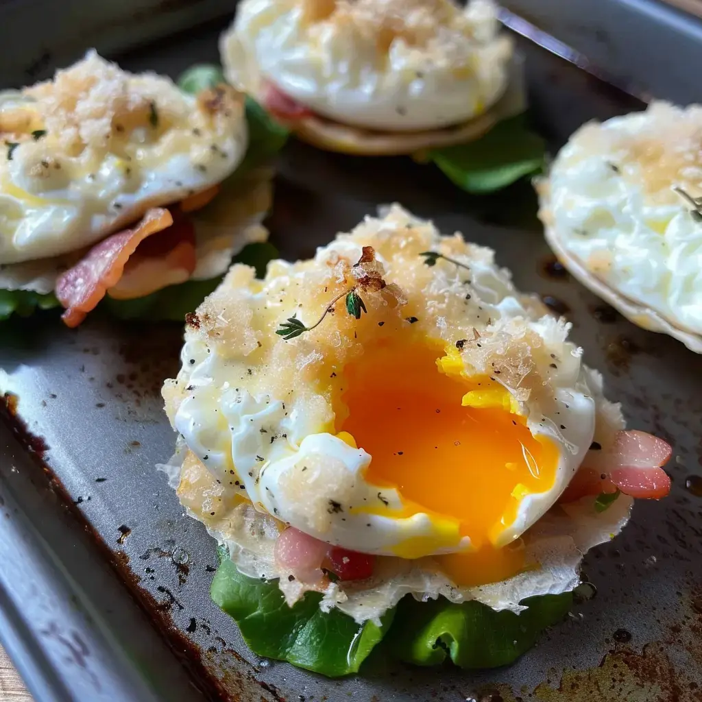 Four fluffy baked egg clouds topped with crispy bacon and fresh lettuce on a baking tray.