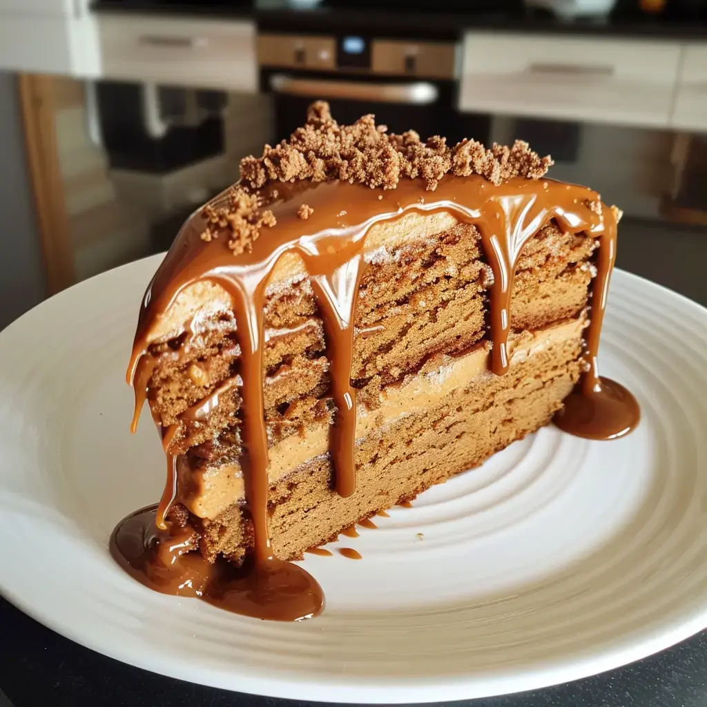A slice of chocolate cake with a glossy caramel glaze and biscuit crumbles on top, served on a plate.