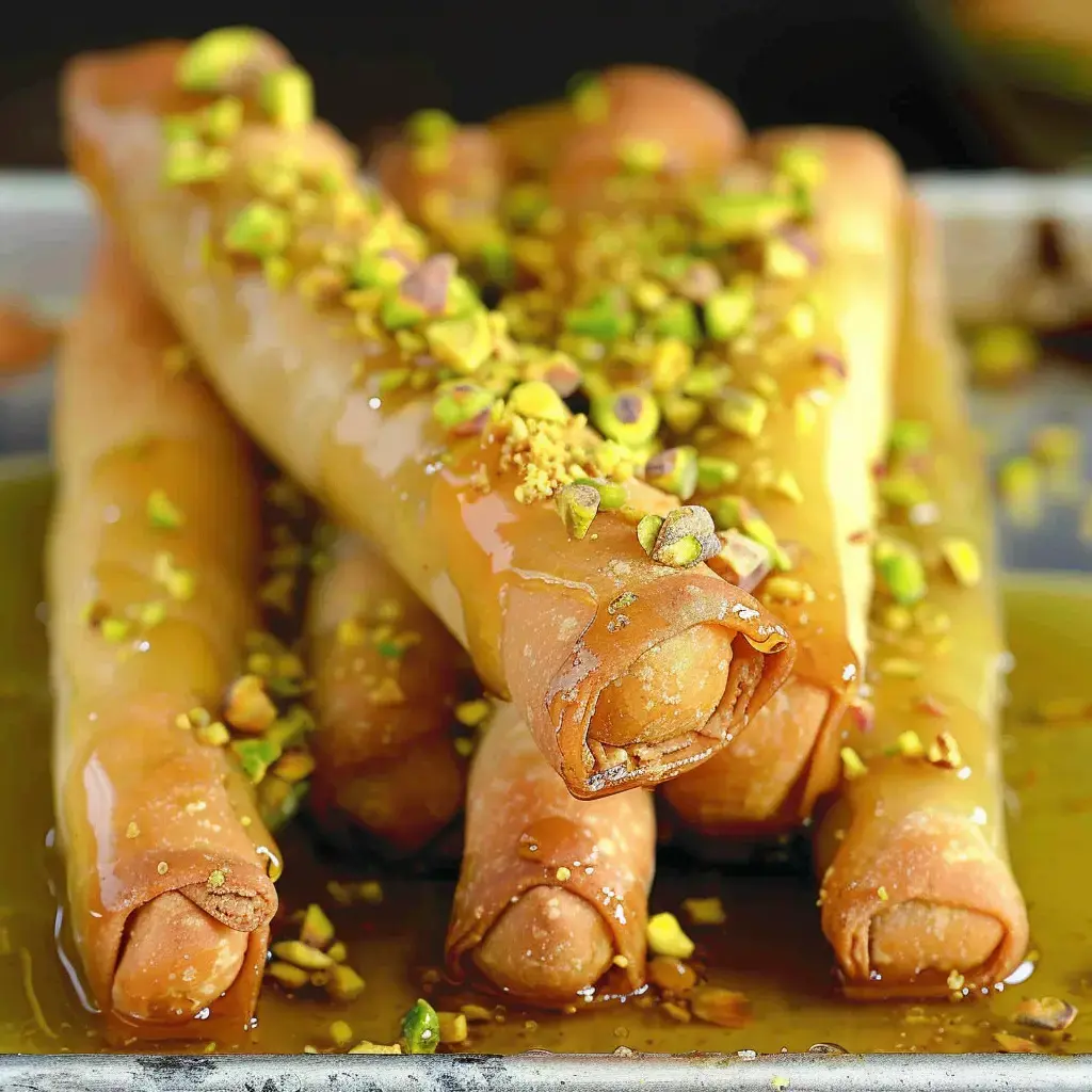 Golden-crispy rolls filled with nuts and citrus, drizzled in honey and sprinkled with chopped pistachios.