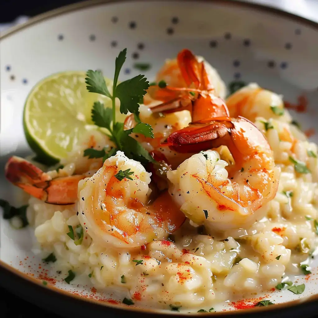 A creamy risotto dish topped with shrimp, a lime slice, and sprigs of cilantro.