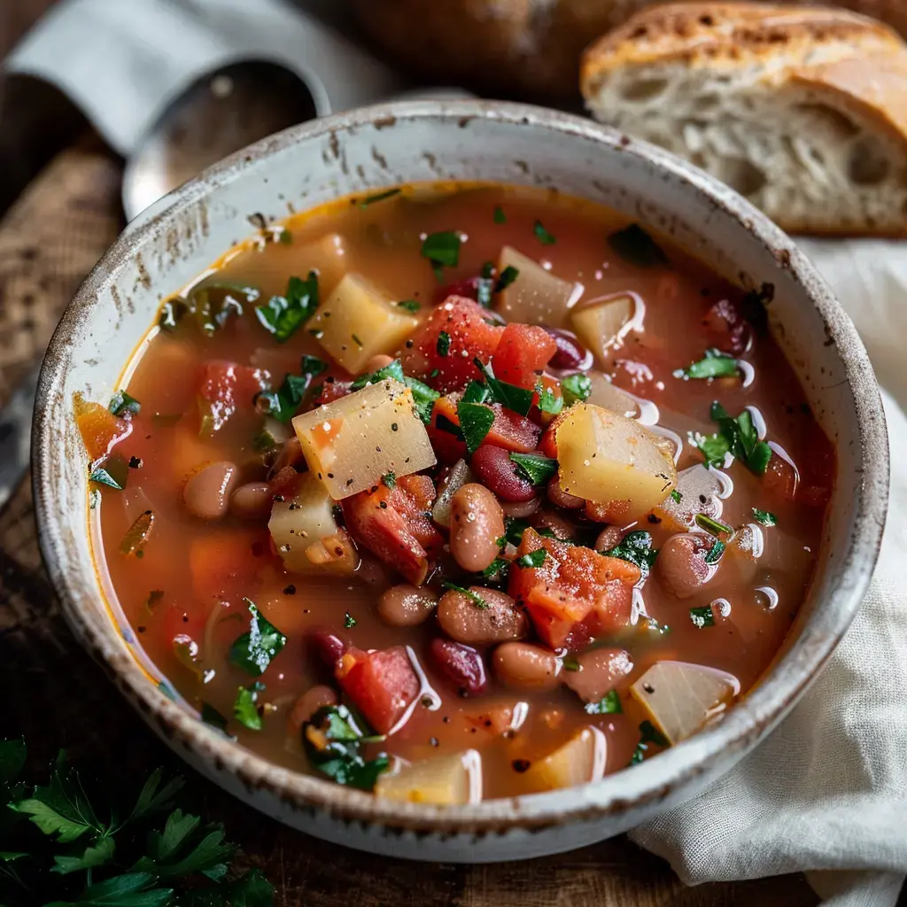 A colorful soup bowl with beans, vegetables, and fresh herbs beside bread on a wooden table.